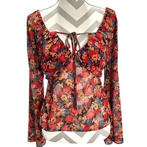 House of Harlow x Revolve Tess‎ Sheer Floral Blouse Red Long Sleeve Tie Front S
